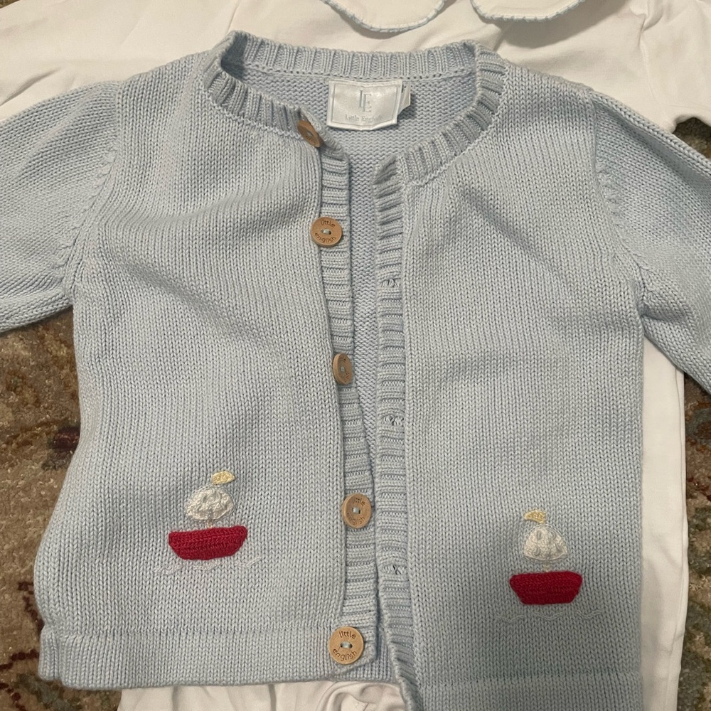 Little English crochet sailboat footie and cardigan 9-12 month